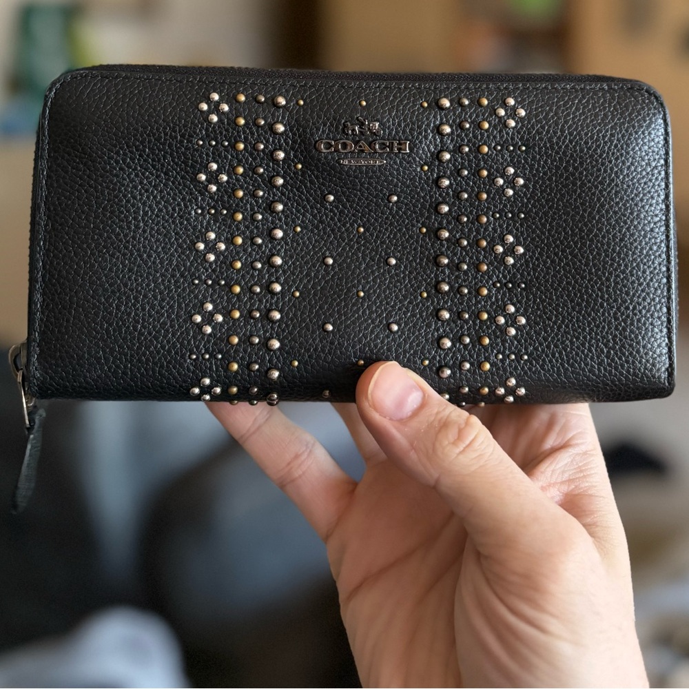 Coach Black Pebbled Leather Zip-Around Wallet with Stud Accents